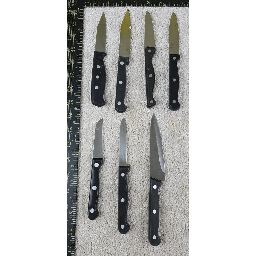 Lot of 7 used Stainless Steel Triple Rivet Handles knives chefs review, etc.